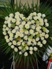 Wieniec pogrzebowy z żywych kwiatów, kształt serca, róże białe (Avalanche), anthurium zielone (Maxima Verde), liść palmy, podkład jodłoowy, zieleń dekoracyjna.
