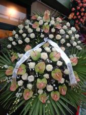 Wieniec z żywych kwiatów, wielkość: bardzo duży, anthurium zielone z rumieńcem, róże białe, storczyki białe (Dendrobium) liść palmy, podkład jodłowy, szarfa satynowa nadruk złoty szer. 10cm, druk komputerowy (+30zł).