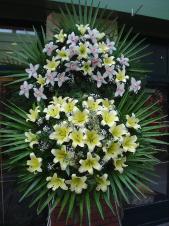 Wieniec pogrzebowy z żywych kwiatów, wielkość: bardzo duży, storczyki białe (Cymbidium), lilie kremowe (Conca d'Or), liść palmy, podkład jodłowy, zieleń dekoracyjna.
