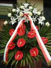 Wieniec pogrzebowy z kwiatów żywych, anthurium czerwone, róże kremowe (Avalanche), lilie białe (Casablanca), liść palmy, podkład jodłowy, zieleń dekoracyjna, szarfa satynowa biało-czerwona 10cm, druk komputerowy.