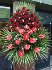 Wieniec pogrzebowy z żywych kwiatów, wielkość: duży, róże pąsowe, anthurium czerwone, liść palmy, podkład jodłowy, zieleń dekoracyjna.