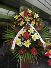 Wieniec pogrzebowy z żywych kwiatów, wielkość: duży, anthurium brązowe (Choco), lilie kremowe (Conca D'or), róże herbaciane, liść palmy, podkład jodłowy, zieleń dekoracyjna, szarfa satynowa 7cm, druk komputerowy.