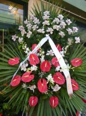 Wieniec z żywych kwiatów, wielkość: duży, storczyki białe (Cymbidium), anthurium czerwone, storczyk biały (Dendrobium), liść palmy, podkład jodłowy, szarfa satynowa, druk komputerowy (+20zł).