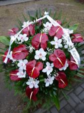 Wiązanka pogrzebowa z kwiatów żywych, anthurium bordowe (Tropical Night), storczyk biały (Cymbidium), zieleń dekoracyjna, liść palmy, podkład jodłowy, szarfa satynowa 7 cm. szer. (+ 20 zł)
