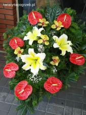 Wiązanka pogrzebowa z kwiatów żywych, wielkość: duża, anthurium czerwone, lilia kremowa (Conca d'or), storczyk złoty (Cymbidium), zieleń dekoracyjna, podkład jodłowy.